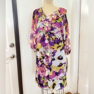 Adrianna Papell Womens Floral Ruffles Shift Dress 3/4 Sleeves Size 6
